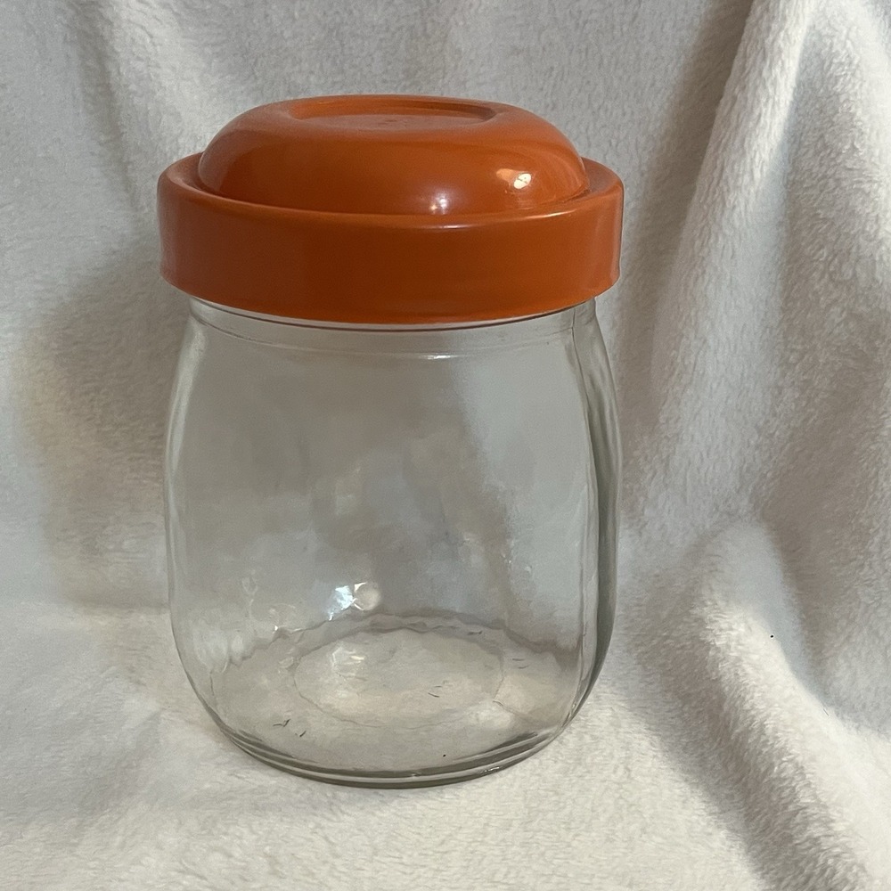 Vintage 70's Clear Carlton Glass Jar W/Orange Lid‎ 3/4 Liter 80s 6x4"